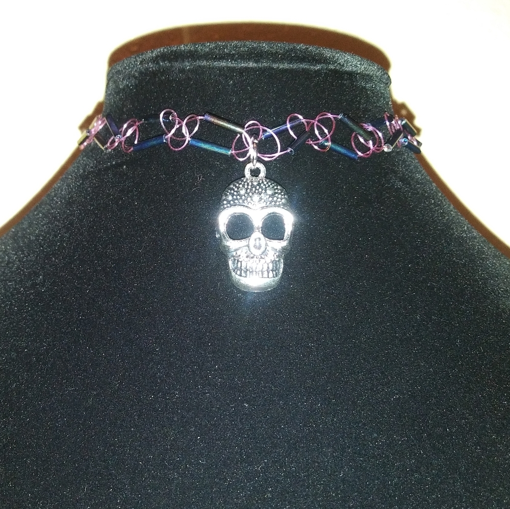 Choker charm necklace, skull necklace